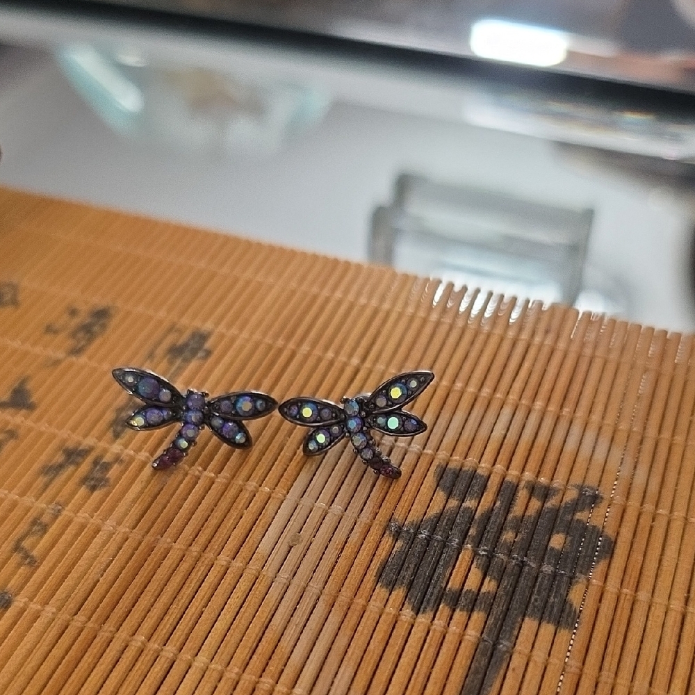 Dragonfly Stud Earrings - Iridescent Purple Gem Accents